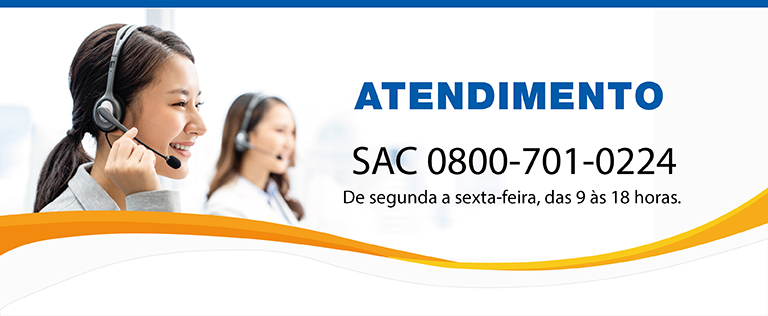 Banner atendimento SAC 0800 725 0048 de segunda a sexta-feira das 9 às 18 horas